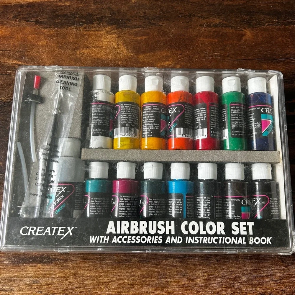 Createx Airbrush Color Set 14 Paints Accessories Instructional Book New Case